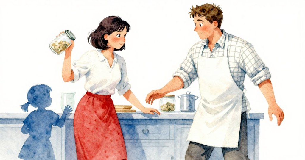 突然的孩子呼喊使男子猛然移動手部,玻璃瓶搖搖欲墜,氣泡破裂飛散,場面充滿了意外與緊張感。