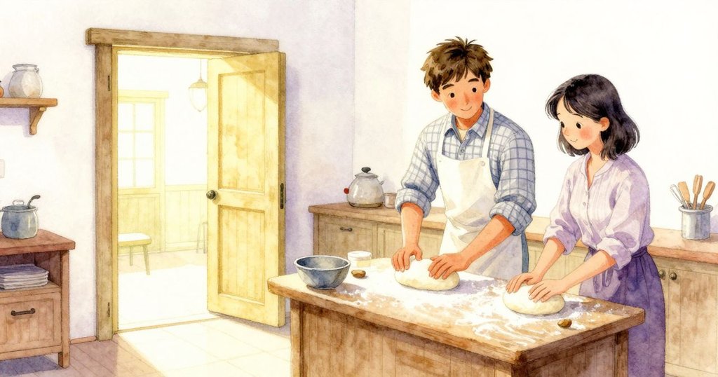 男子將整齊麵糰放在石板上,女子透過打開的門迎接溫暖光芒,廚房靜謐而光亮,氛圍和諧安寧。