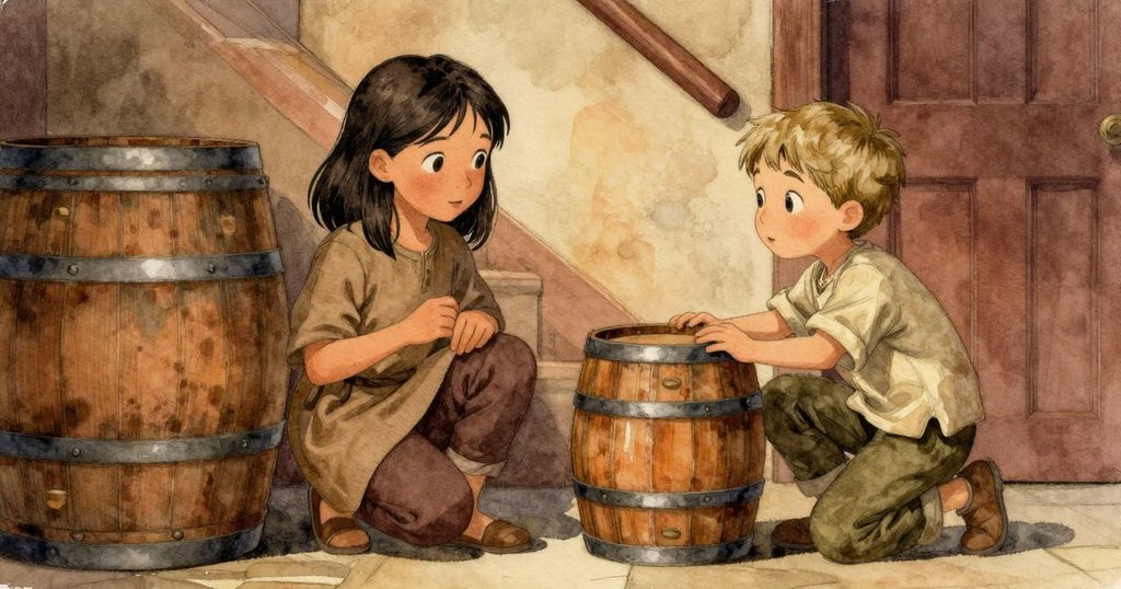 Tess 蹲在樓梯底部, 與旁邊木桶近距離互動, Niall 輕拍木桶, 燈光柔和, 整體氛圍靜謐