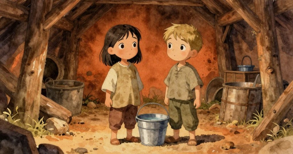 Tess 與 Niall 最終站於窖道, 共享默契點頭觀察穩定木桶收集清水, 氣氛平靜且充滿收獲