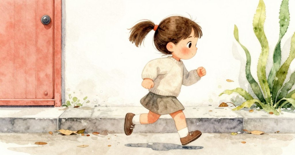 Lily快步走下舞台階梯，落葉飛揚，腳步堅定追尋掉落工具，展現專注與緊迫感。