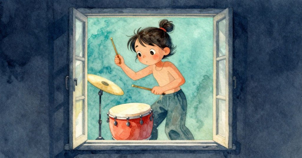 透過開放窗戶見Celina專注表演太鼓，她揮動鼓棒敲擊，舞台燈光增添夢幻與專注氣息。