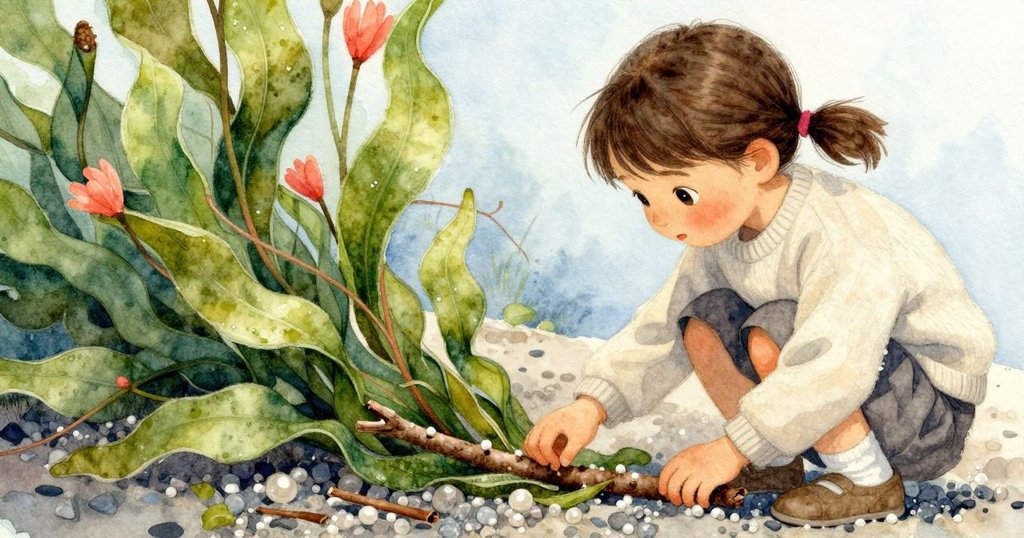 Lily蹲在舞台邊乾葉中，專注撿起掉落的鼓棒，環境中石子散落與微風營造出短暫寧靜感。