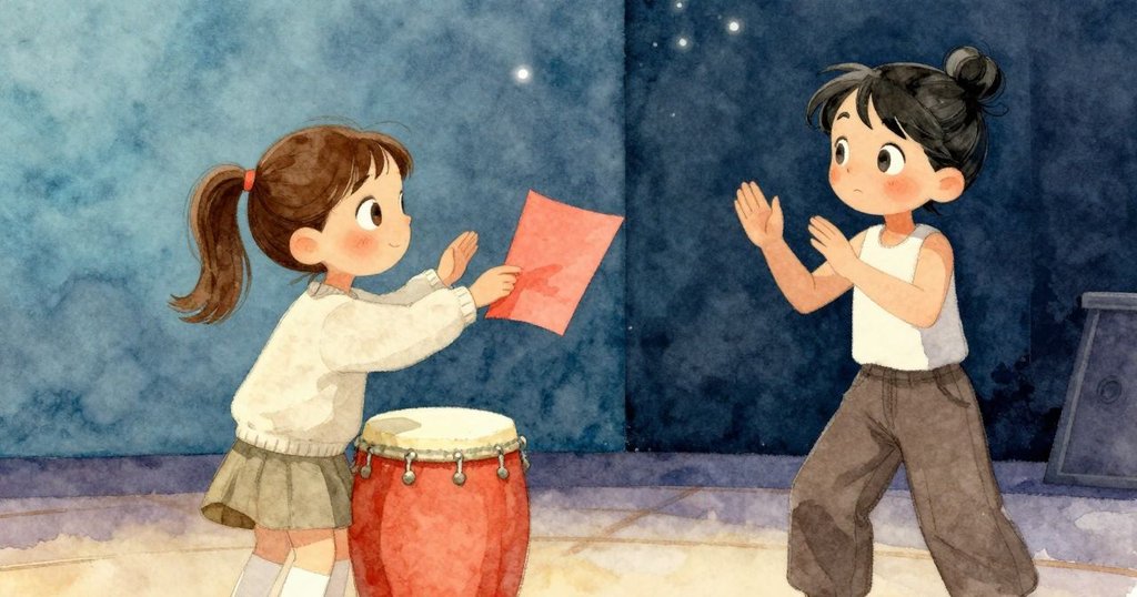 Lily重返舞台準備發出獨特敲擊，Celina側目欣賞驚喜，兩人協調展現慶祝音符的動人瞬間。