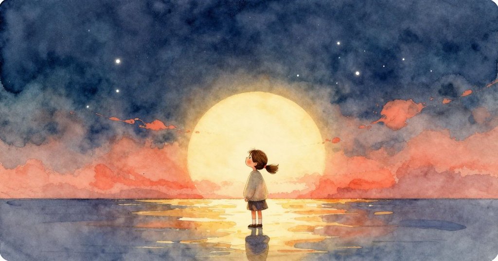 夕陽餘暉中舞台寧靜，Lily手持木棍沉思，太鼓呈現暗色橢圓印記，映出落幕前溫暖與新開始之感。