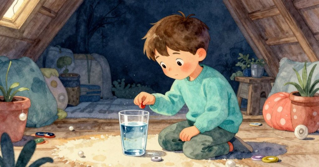 賈斯珀站在溫暖小屋中，仔細觀察桌上靜止的水杯和經拋光的木製遊戲件，小屋細節豐富，光影柔和