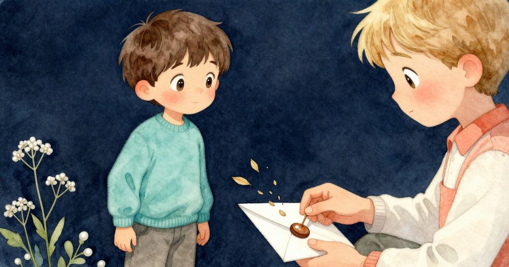 賈斯珀伸出手輕打開皺褶信封，散落的蒿草葉覆於桌面，燈光柔和照亮木製遊戲件細節