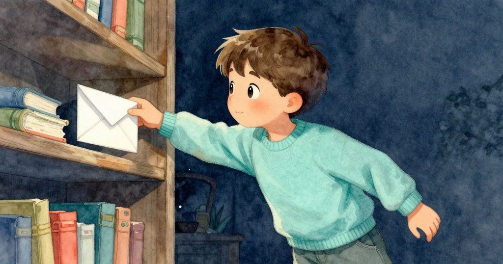 賈斯珀從小床邊傾身伸手，觸碰窗下架子上滑出的信封，窗外冷光與室內燈光交織呈現動態感