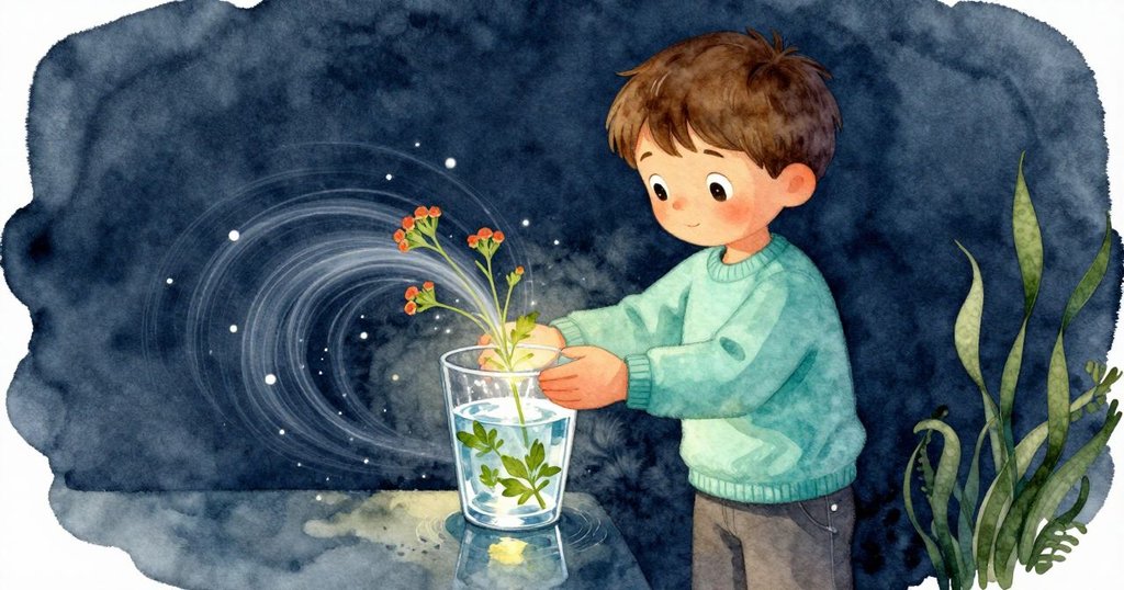 賈斯珀小心扶穩桌上水杯，杯中蒿草葉隨搖晃水波旋轉，如迷你生態瓶般映出柔和反光