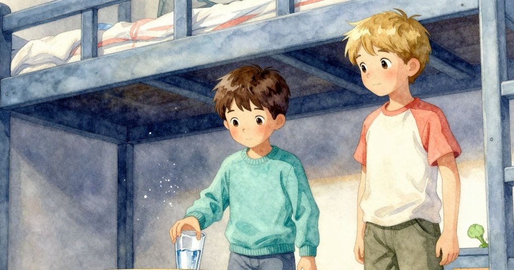 賈斯珀伸手移動桌上水杯，哥哥從上床輕聲注視，動態角度中呈現和諧且微妙的家庭情感