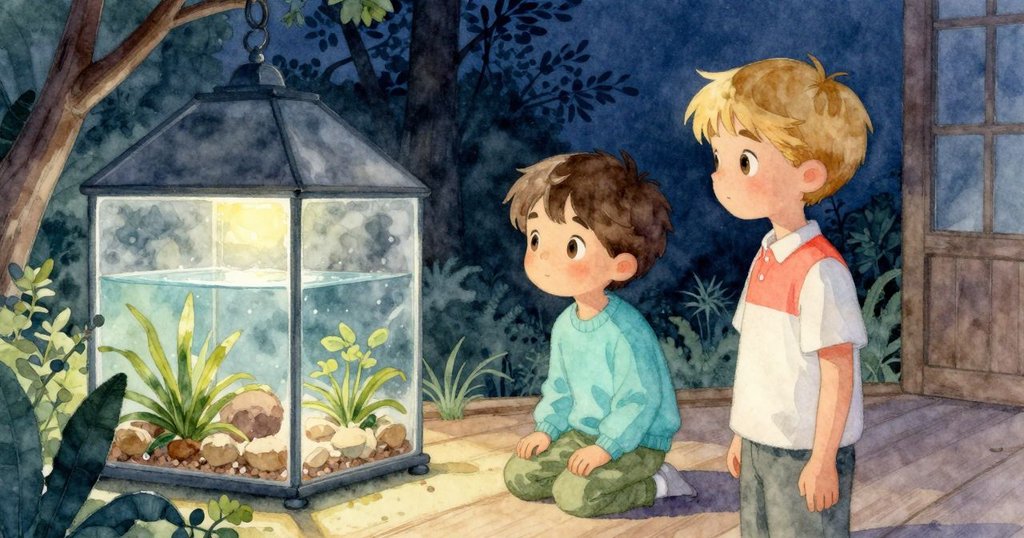 夜幕低垂，小屋內燈光漸暗，賈斯珀與哥哥並肩注視著玻璃杯中蒿草變幻景象，木製守護者靜立，故事暗示續篇