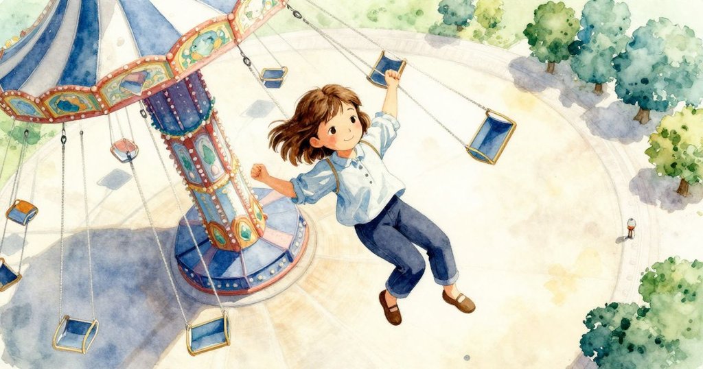 萊恩正乘坐旋轉遊樂設施,從鳥瞰角度看見明亮綻放的天篷與活力四射的遊樂場,表情充滿期待。