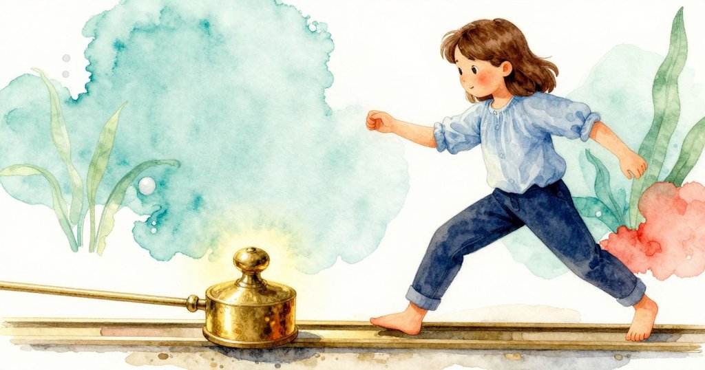 萊恩伸手輕觸擺動中的黃銅配重,背景留白中呈現出細膩光影和她專注的神情。