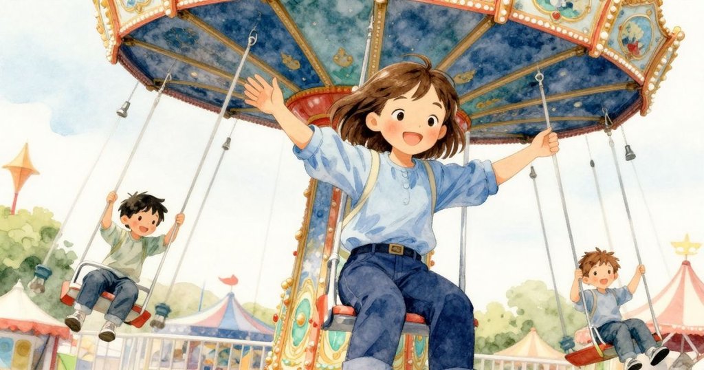 在旋轉座椅上,萊恩與鄰座遊客交流,彼此眼神傳遞快樂與默契,現場充滿喜悅。