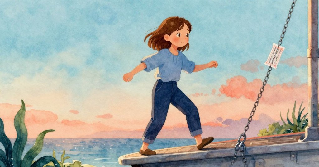 在柔和黃昏中,萊恩輕步下平台,整理口袋,鏈上殘留的票根與配重隱約暗示著更多冒險。