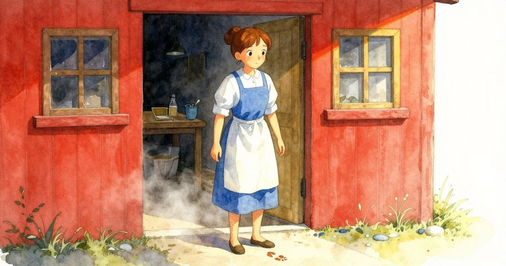 Helena站在工作坊入口，注視濕潤的腳印，柔和晨光灑落，工作坊內部暖意盎然，充滿好奇心