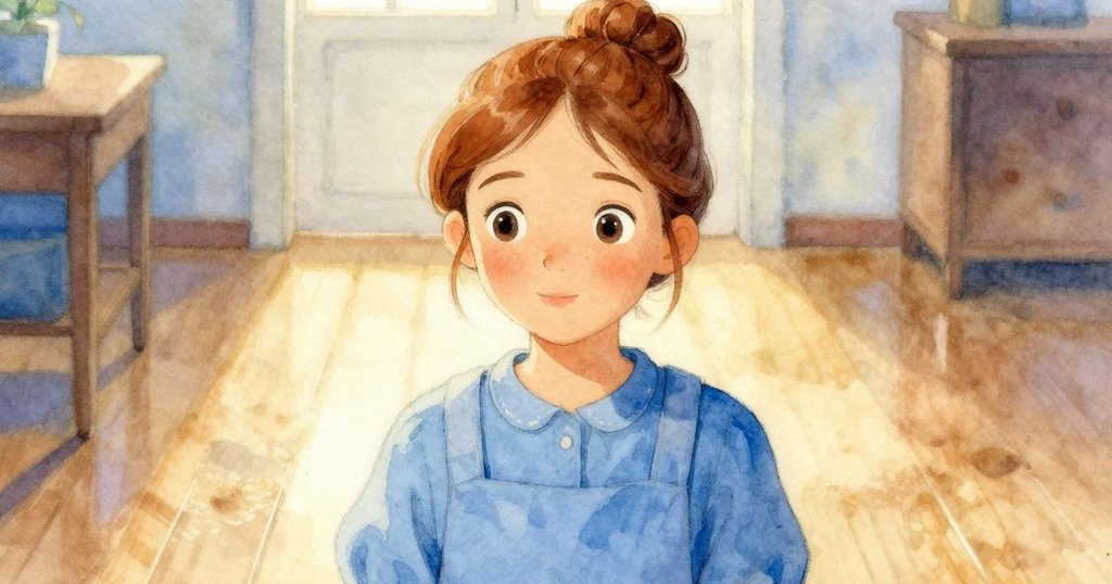 Helena凝視腳印，神情專注且充滿好奇，臉部表情細膩，室內燈光柔和，透露神秘氛圍