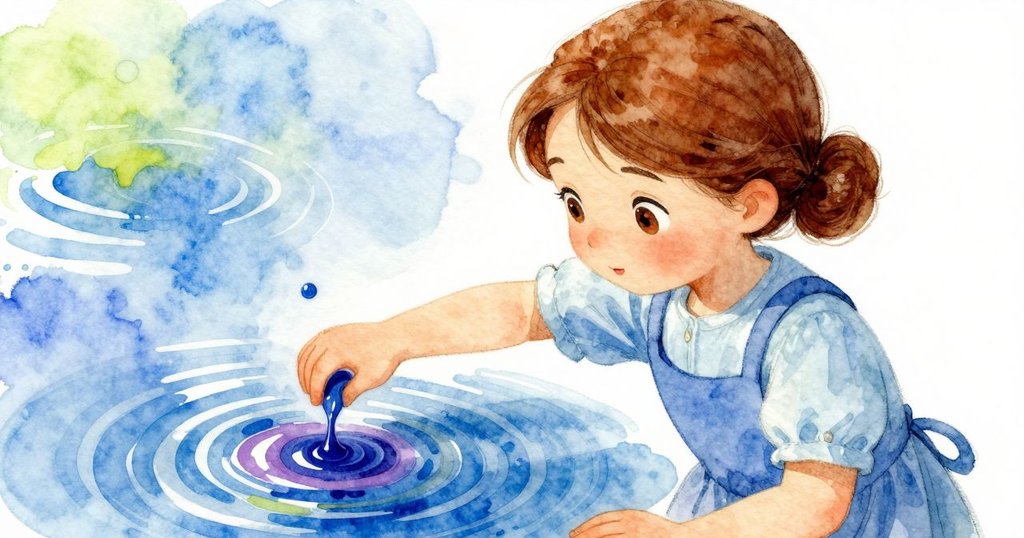 Helena在調色台前，小心用棒子蘸取紫色顏料，一滴藍色顏料落下形成細緻水環，動作細膩