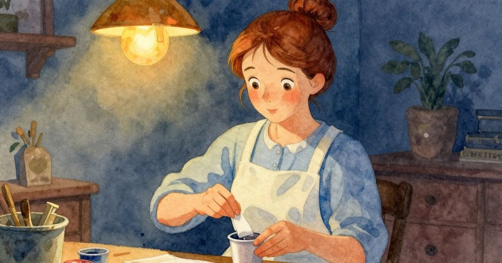 Helena整理顏料杯，使用報紙清理印花邊緣，燈光溫暖，工作坊桌面佈局豐富，充滿專注神情