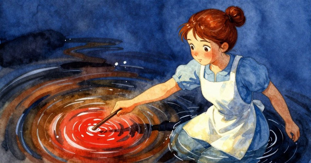 Helena專注用力轉動棒子，水中漩渦反轉交融顏色，畫面細膩呈現創作掙扎與堅定決心