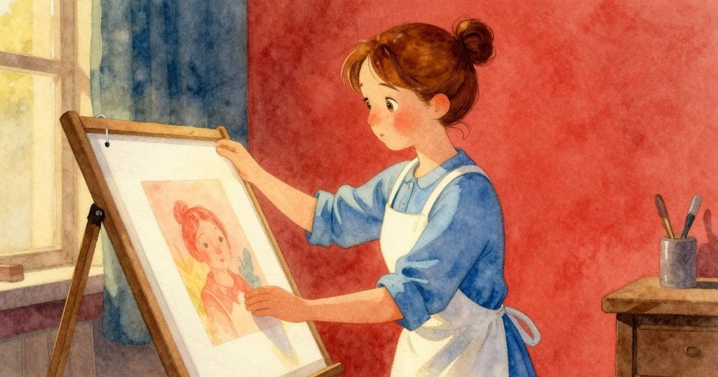 Helena輕柔提起完成打印品，乾燥架上展現完美漩渦，溫暖琥珀光映襯室內安寧，充滿勝利與滿足