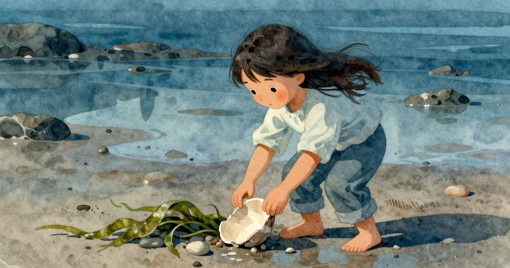 Sara踩在濕沙上,精心放置鮮豔碎片,層次分明的沙灘與倒影映出天空色彩,動作專注