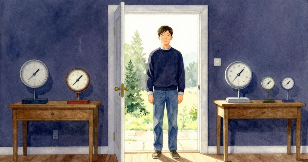 奧托站在氣象站門口，注視桌上排列整齊的器具與杯子，室內光線溫暖，呈現平靜而神秘的早晨氣氛