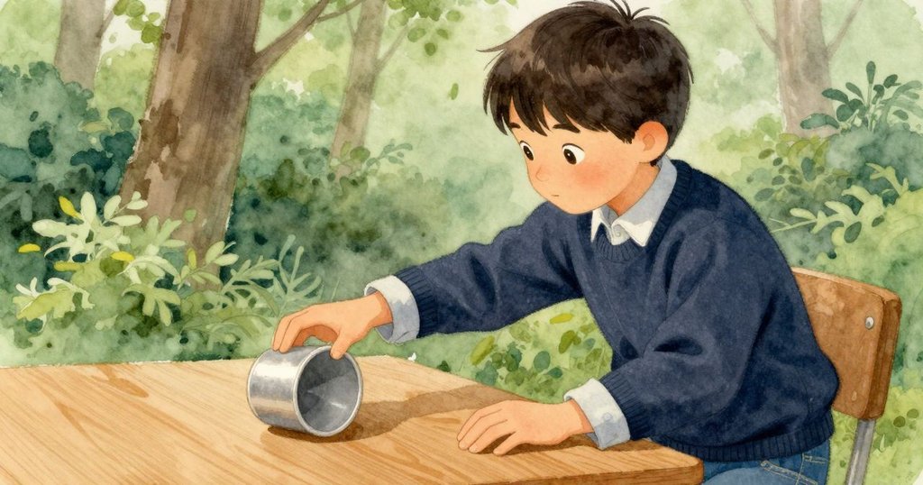 奧托專注地調整桌上傾斜的杯子，手部細節清晰，展示出溫柔而謹慎的動作與室內木質質感