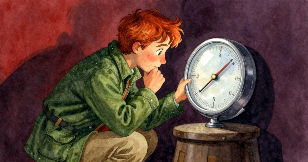 巴茲爾凝神看著氣壓計，玻璃反射中顯露出疑惑與思索，室內器具背景突出角色神情