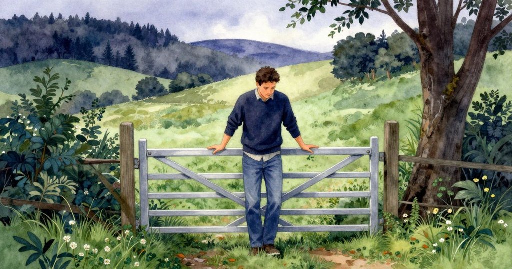 奧托走出小屋，透過打開的門閘迎接室外鄉村風光，綠意盎然的草地與遠處穀倉淺描出寧靜早晨