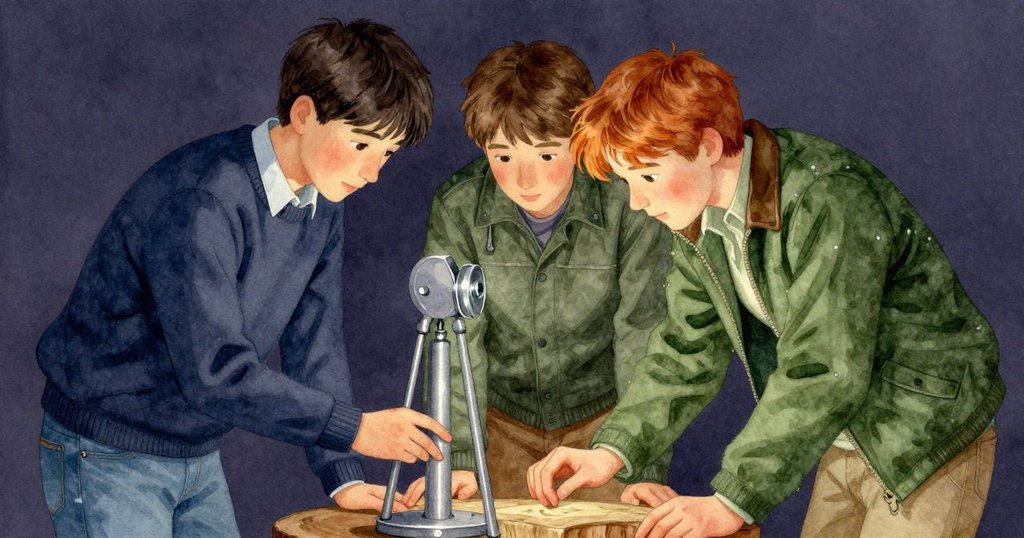 奧托與巴茲爾在小屋內共同檢視器具和紀錄本，彼此凝視中流露出默契與憂慮，室內暖光襯托場景細節