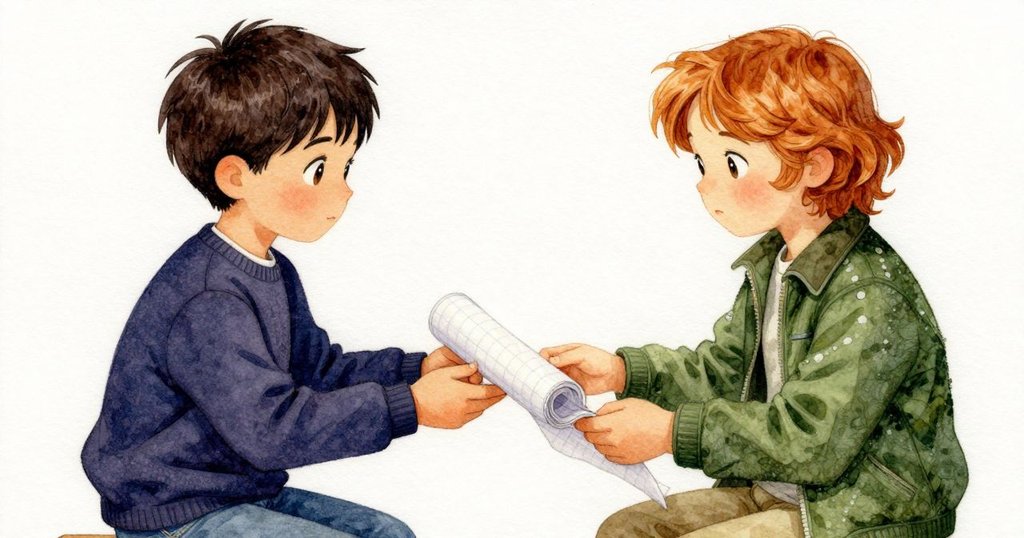 巴茲爾溫柔地將新鮮圖表紙遞給奧托，特寫手部動作及背景模糊器具，傳達出默契與重新開始的希望