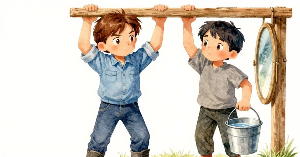 艾爾瑪穩健舉起木框，水桶中平靜水面映出六角圖形，伊萊默默點頭，整體畫面充滿圓滿與平和。