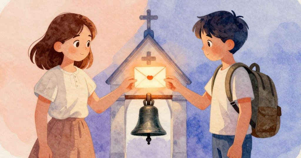 Lily在遠處注視，空中信封發出橙光與遠處鈴鐺響起低沉音調，並排呈現強烈對比，感情細膩