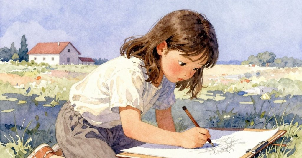 Lily凝視畫冊中描繪的同心圓，神情堅定且深沉，背景中田野與農舍呼應出內心的決斷
