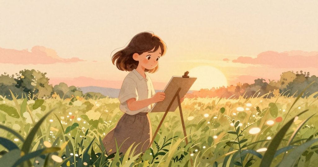 Lily站在柔和夕陽下，手握畫冊向遠方農舍踏出告別步伐，畫面充滿溫暖與回憶