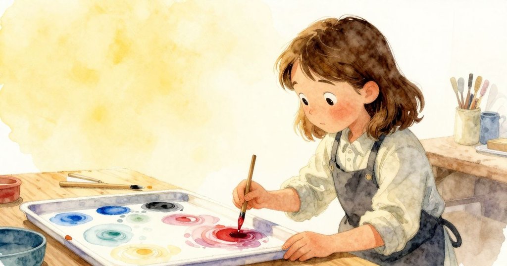 拉娜站在工作室中調色盤旁，燈光從淡白轉為琥珀，呈現出新奇詭譎的氛圍，她的表情充滿好奇