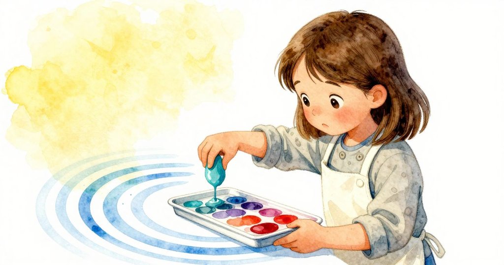 拉娜在傾斜視角下滴下青綠與深紅顏料，托盤上形成旋轉圈，表現出創作過程的動感與細膩