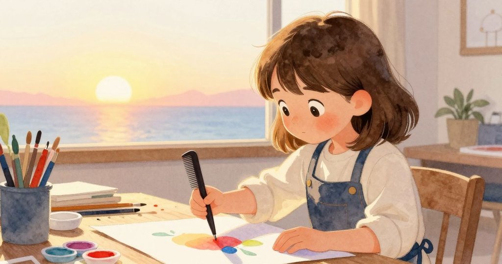 拉娜在金色夕陽中將梳子輕輕放開，捲起準備好的紙張，工作室充滿溫暖寧靜，彰顯創作完成的和諧美感