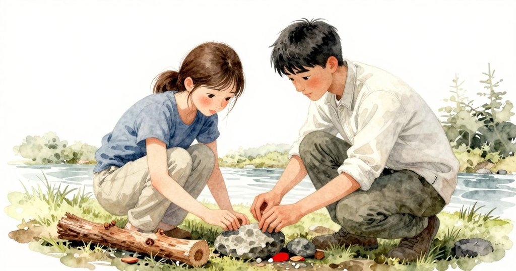 從小動物的視角看見哈里斯與朱麗葉在河邊協同工作,周圍覆蓋著青苔與柔和光線,呈現自然和諧景象。