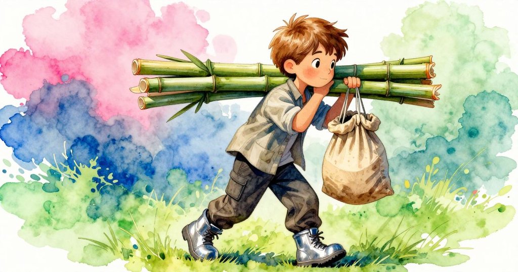 亨里克側面呈現動作，手持竹籤與工具袋，強調細節與明亮陽光下的冒險氣息