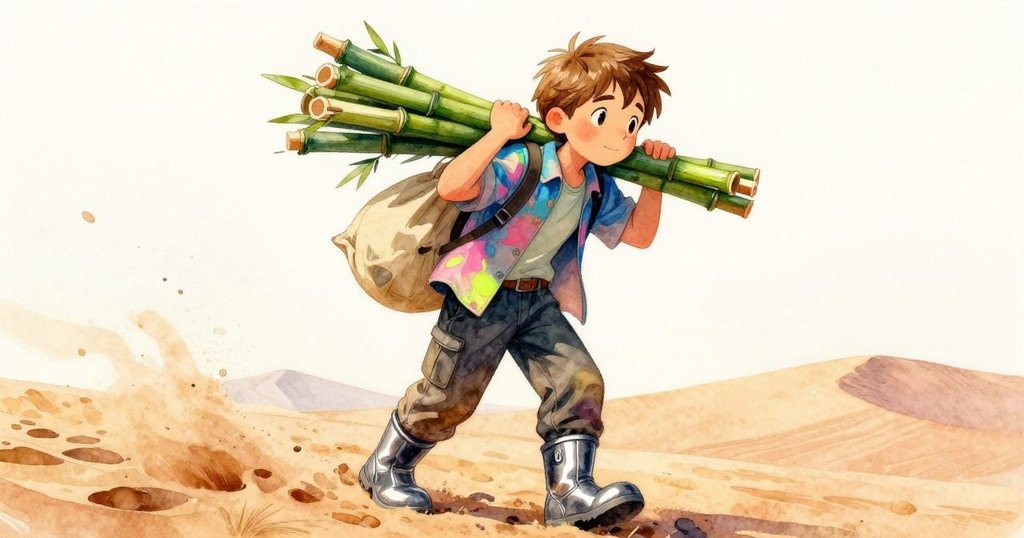 從沙丘小生物視角看見沙粒隨風起舞，遠處可見亨里克動態影子，畫面充滿細節