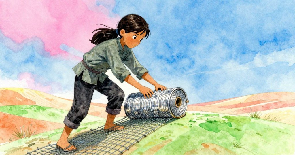 伊爾薩攀登沙丘頂部，專注展開防護網，背景為廣闊沙丘與明亮光線