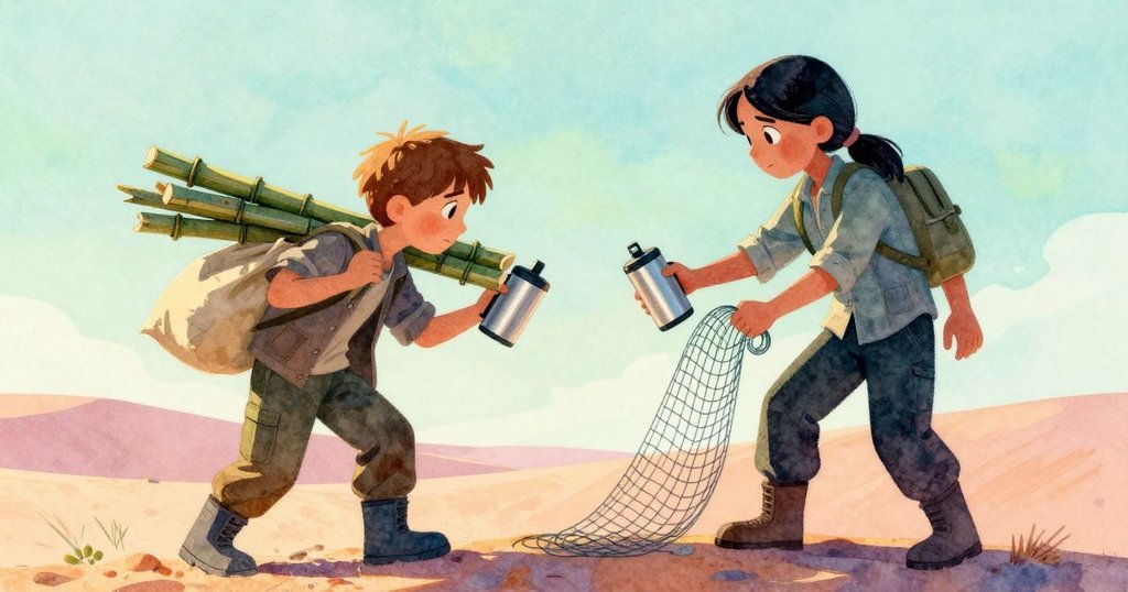 伊爾薩與亨里克在沙丘頂部真誠交流，動作溫柔細膩，光線呈現溫暖感激氣氛