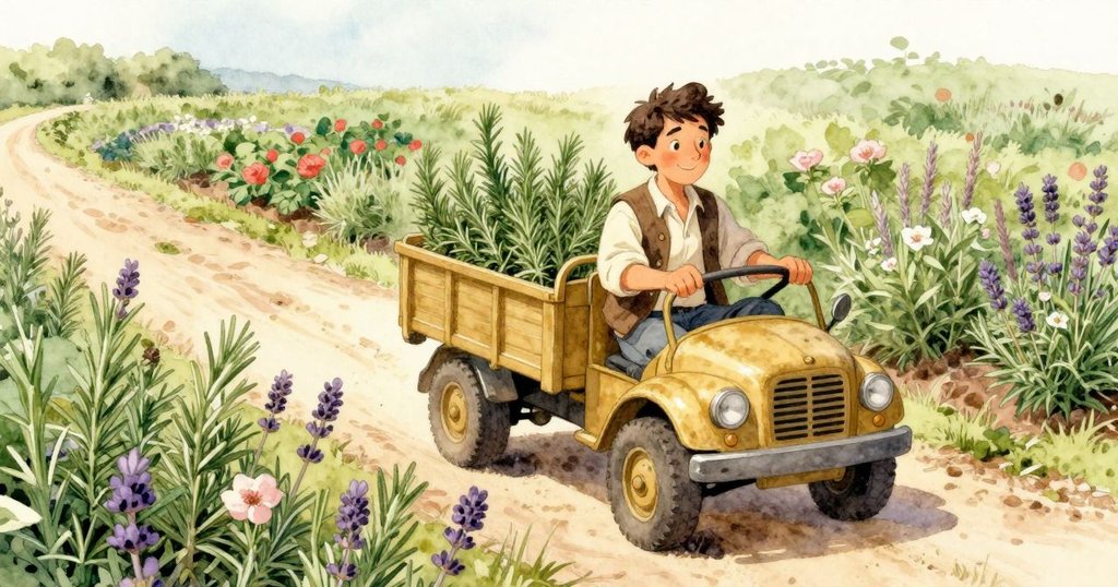 Ben駕駛鋼框車穿越充滿迷迴香與薰衣草的花園,動作活潑,背景展現濃郁自然與季節氣息。