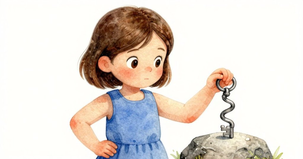 Uma輕觸鑰匙的近距離特寫，石面上油痕如箭，燈光柔和，展現鐘樓細膩機械紋理