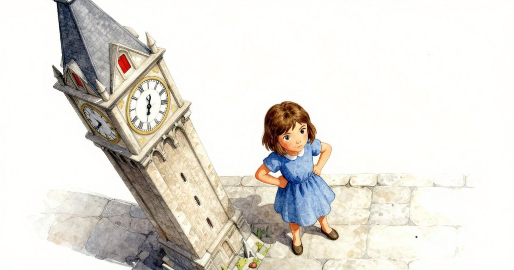 高角度展示Uma蹲在石地上，膝觸冷碎石，神情專注，鐘樓齒輪構成背景，營造出莊嚴氣氛