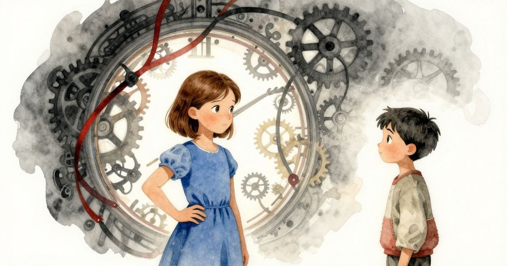 Uma與Pierce於超現實鐘樓中穿梭，扭曲齒輪與流動油帶形成夢幻幾何，燈光戲劇化，氛圍神秘