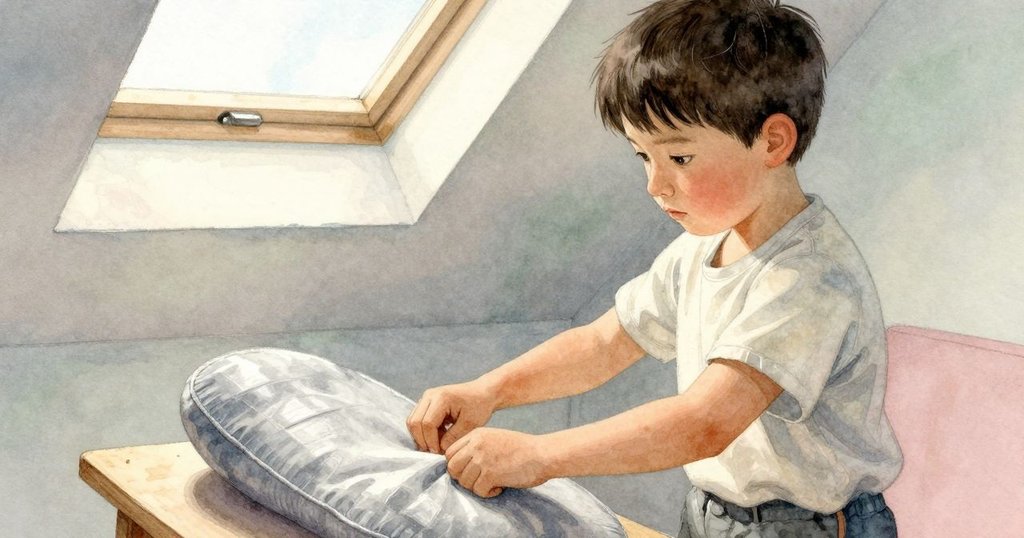 帕默靠近並整理布墊,細緻觸摸陰影角落,注意到缺少的小碗墊,充滿歷史痕跡