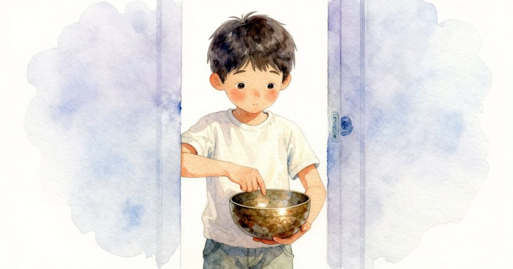 帕默透過狹縫觀察青銅碗,輕敲碗邊,表情好奇,探索寧靜水面中的神秘感